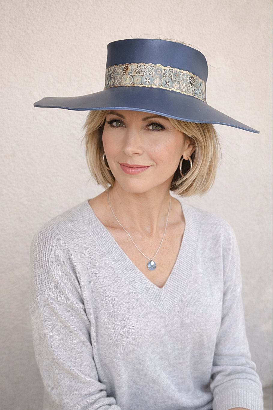 Tall Navy Lotus Visor Hat with Geo Band with Golden Highlights