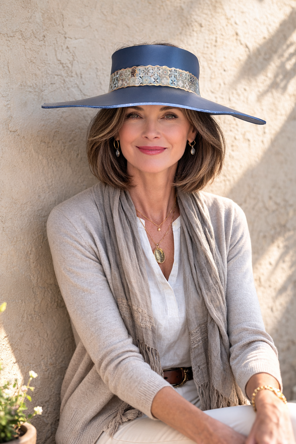 Tall Navy Lotus Visor Hat with Geo Band with Golden Highlights