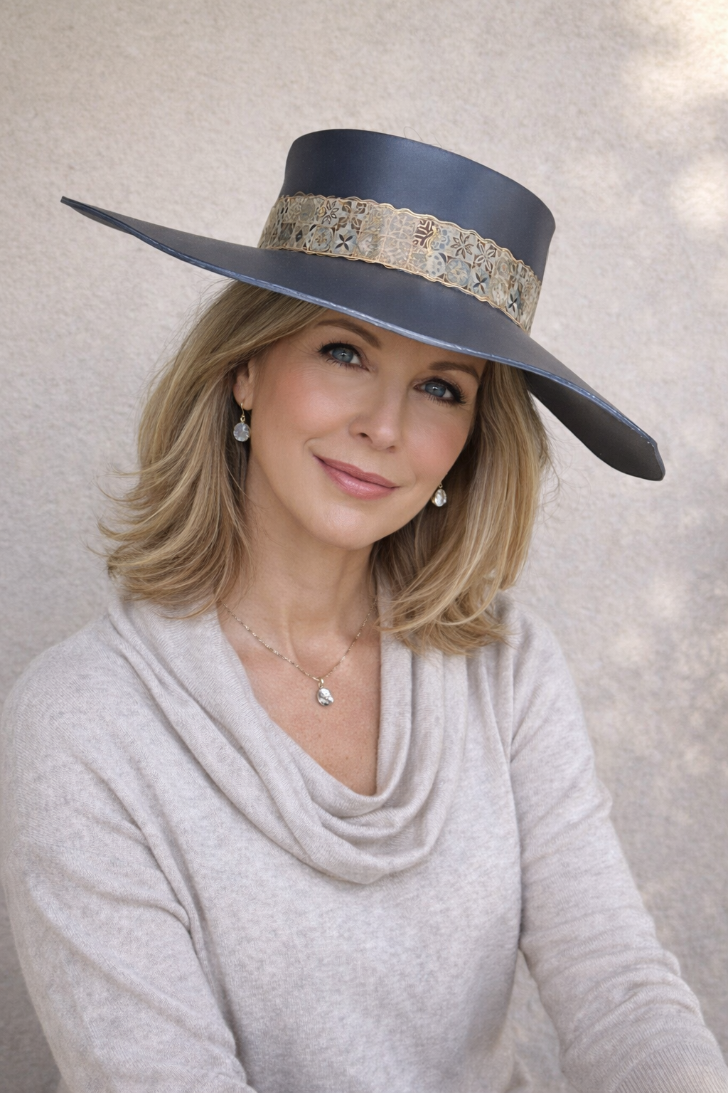 Tall Navy Lotus Visor Hat with Geo Band with Golden Highlights