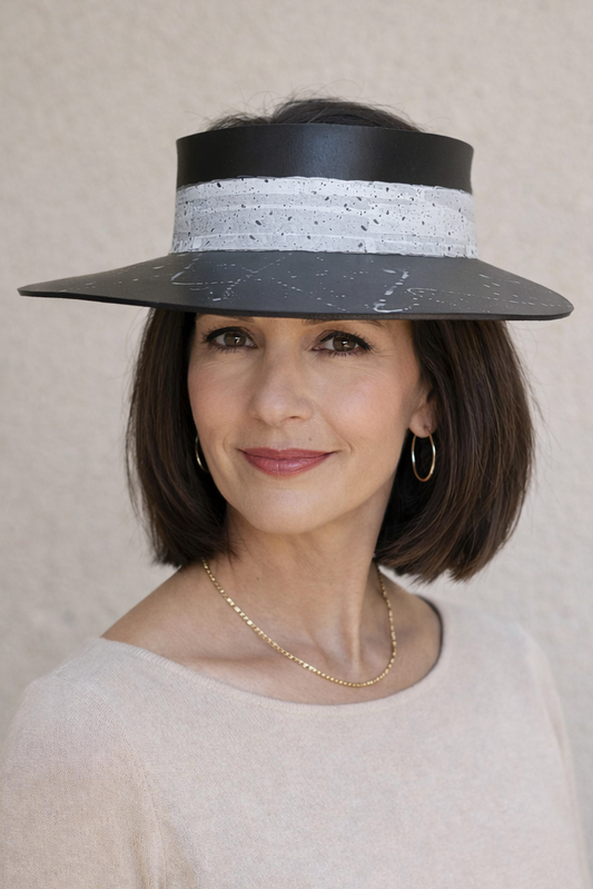 Woman wearing a wide-brimmed hat with a neutral background