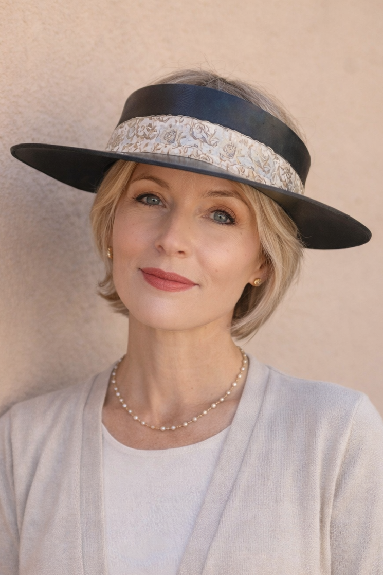 Woman wearing a wide-brimmed hat with a decorative band against a beige background