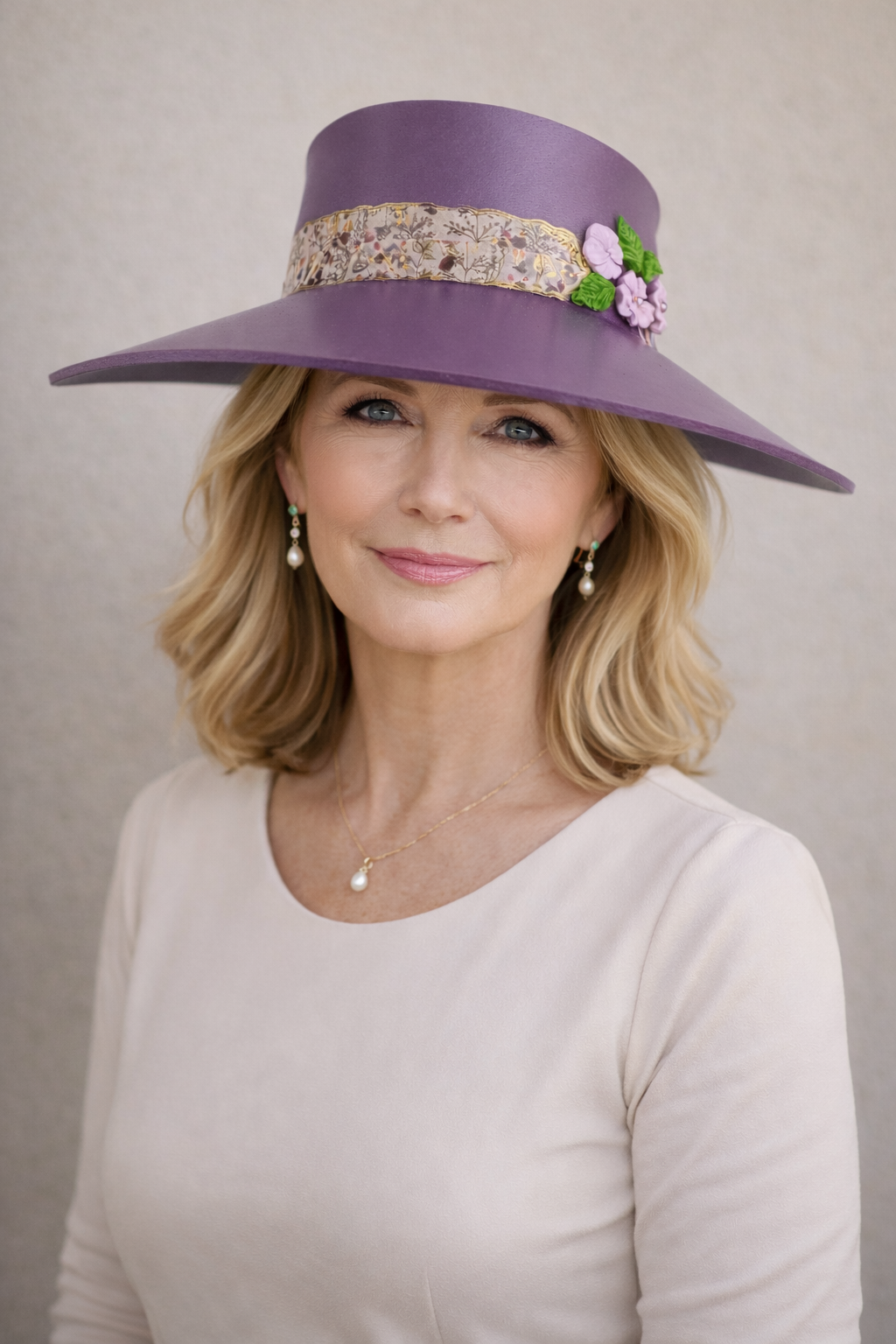 Woman wearing a purple hat with floral details against a plain background