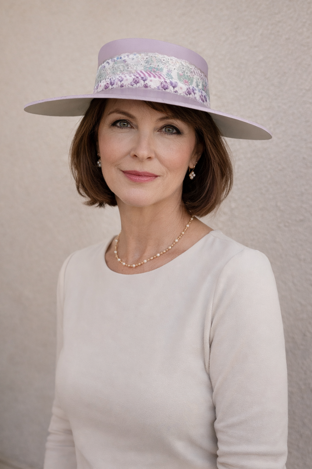 Woman wearing a decorative hat with a plain background