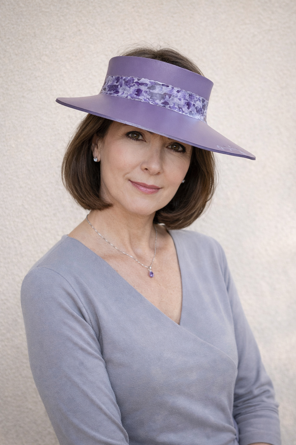 Purple LadyEVA Visor Hat with Dark Purple Floral Band and Handpainted Floral Motif