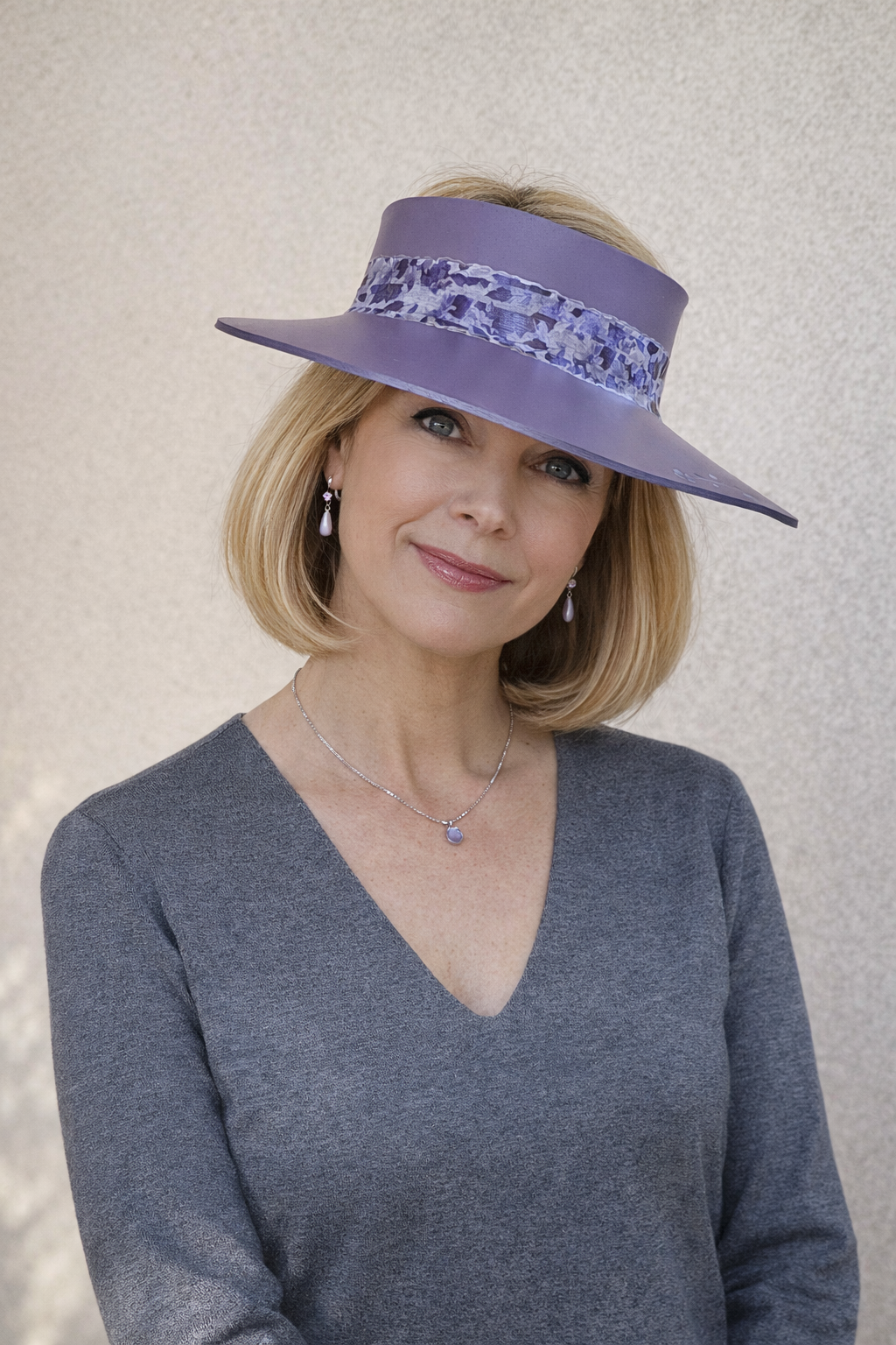 Purple LadyEVA Visor Hat with Dark Purple Floral Band and Handpainted Floral Motif