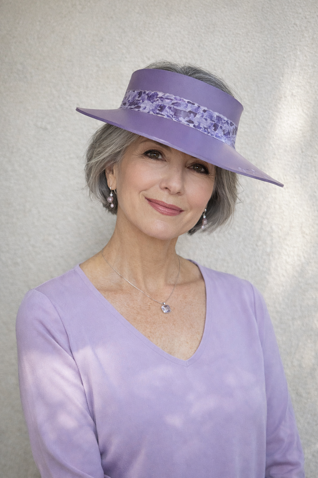Purple LadyEVA Visor Hat with Dark Purple Floral Band and Handpainted Floral Motif