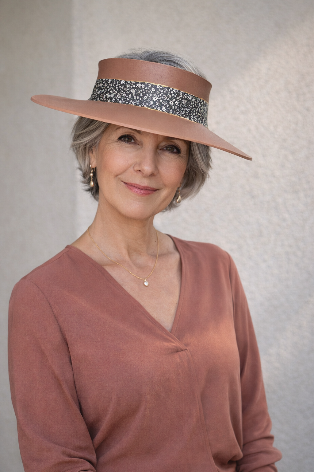 Woman wearing a wide-brimmed hat with a decorative band against a neutral background