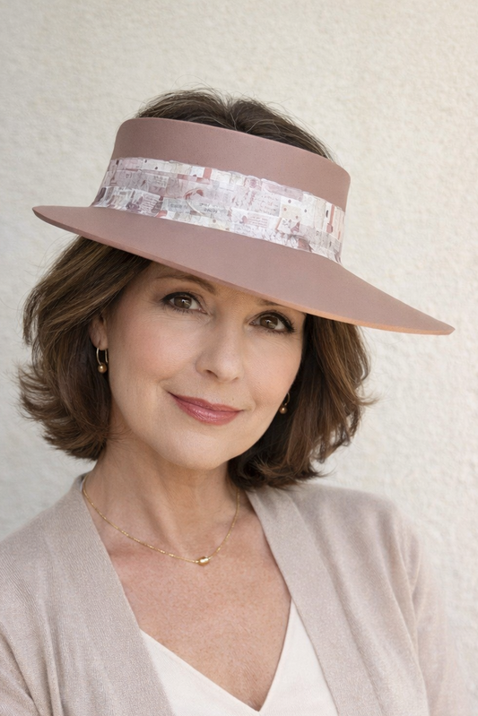 Woman wearing a beige visor with sequin details against a plain background