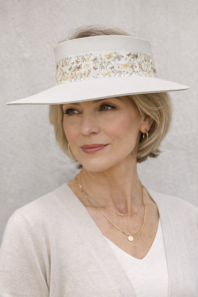 Woman wearing a wide-brimmed hat with a floral band against a plain background