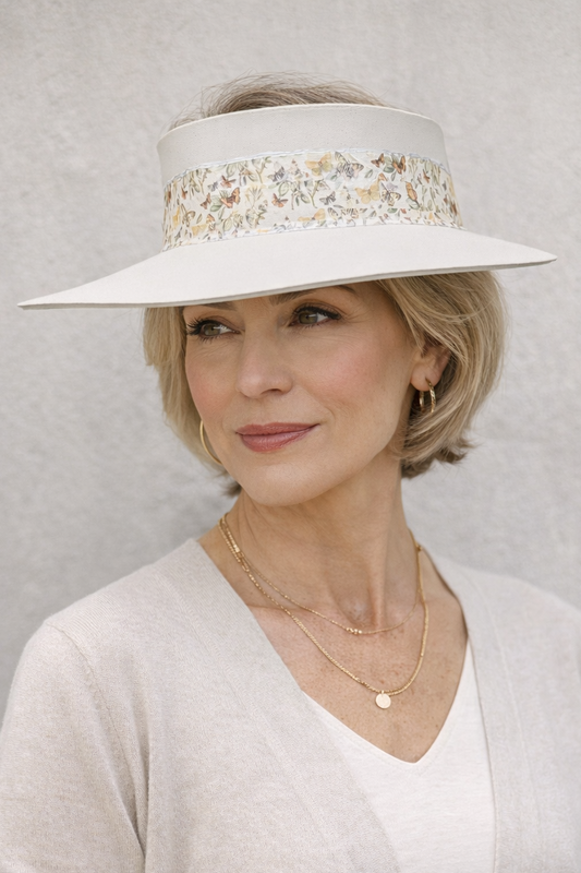 Woman wearing a wide-brimmed hat with a floral band against a plain background