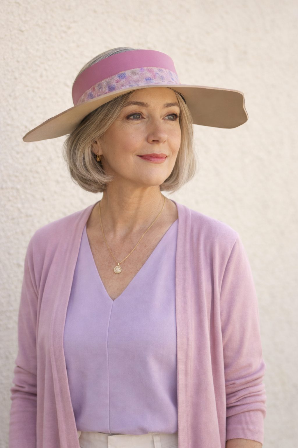 Woman wearing a wide-brimmed hat with a floral band against a light background