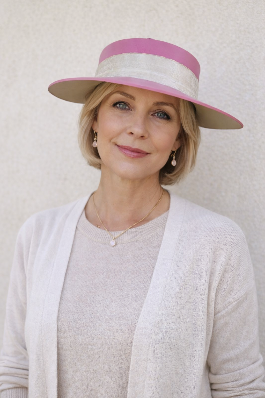 Woman wearing a pink and beige hat against a plain background