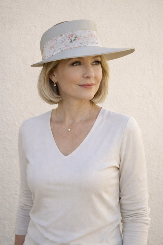 Tall Taupe Visor Hat - Delicate Pink Floral Band