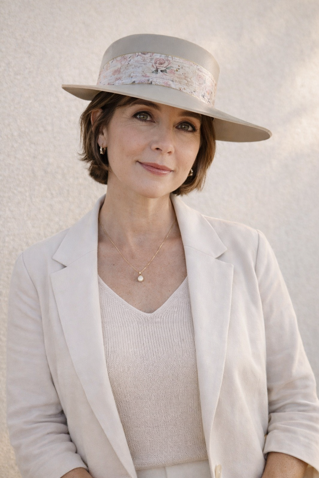 Tall Taupe Visor Hat - Delicate Pink Floral Band