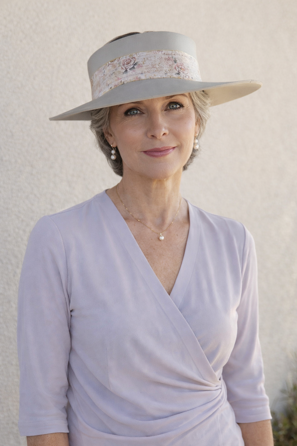 Tall Taupe Visor Hat - Delicate Pink Floral Band