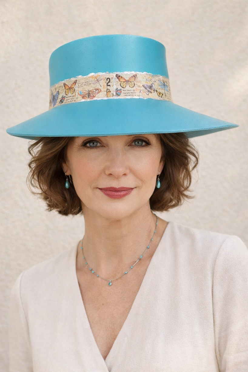 Tall Teal Blue Visor Hat - Butterfly Band