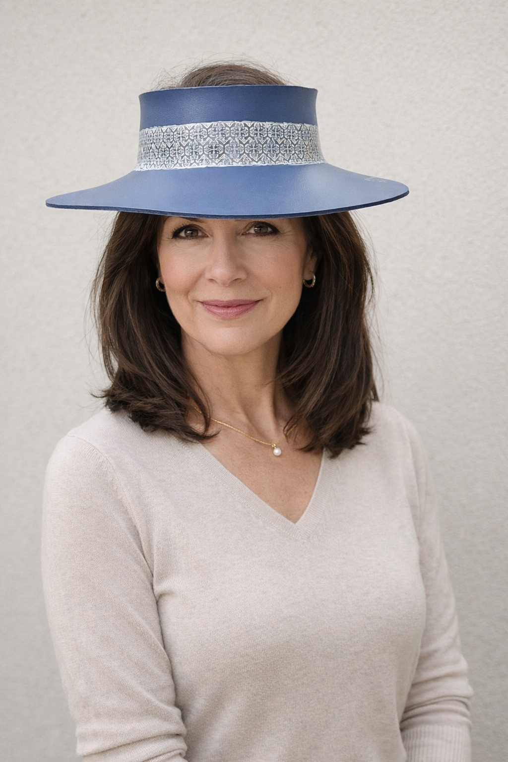 Navy Blue Visor Hat -Silver Geometric Band and Handpainted Floral Motif