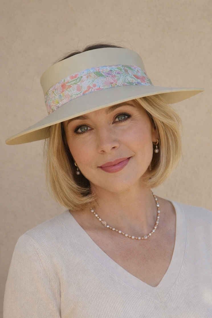 Beige Visor Hat - Pastel Floral Band