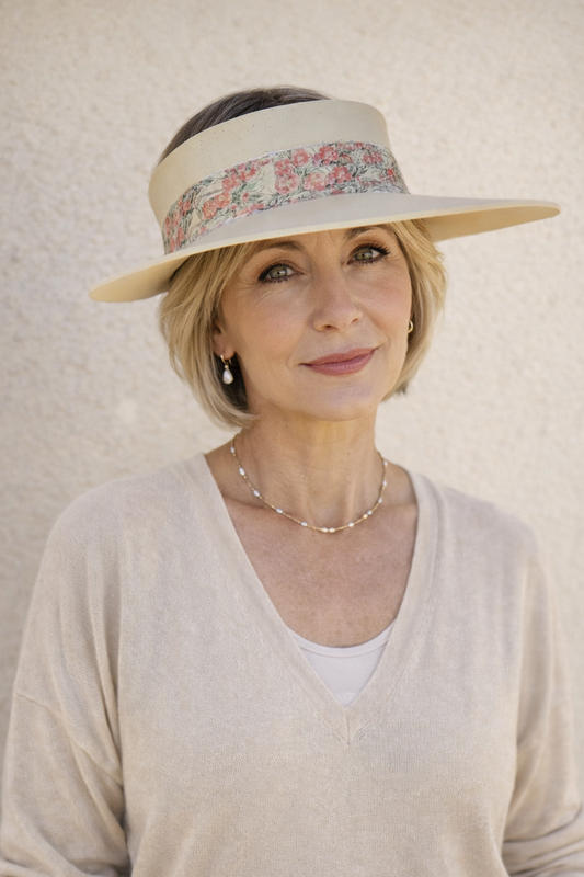 Beige "LadyEVA" Visor Hat with Orange Pink Floral Band
