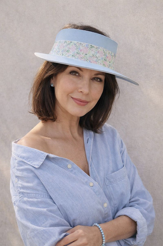 Tall Light Blue "LadyEVA" Visor Hat with Pink Garden Themed Band