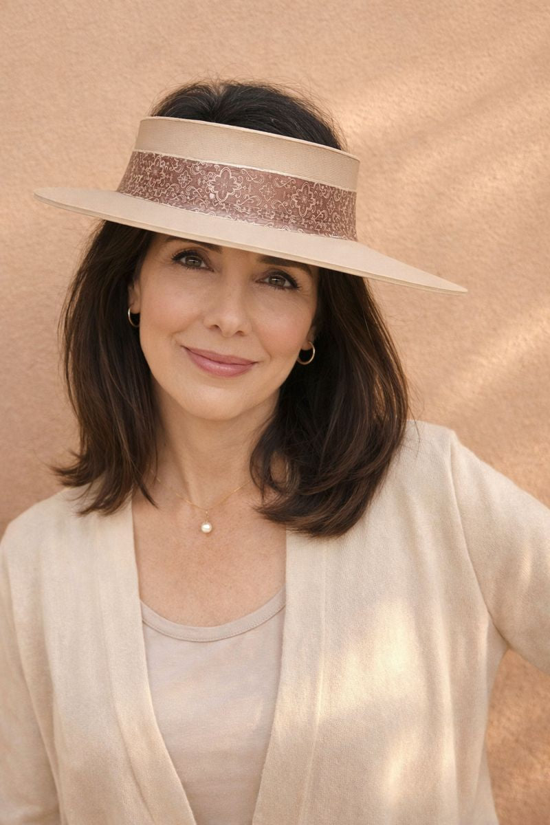 Brown "LadyEVA" Visor Hat with Burgundy Brown Geometric Band