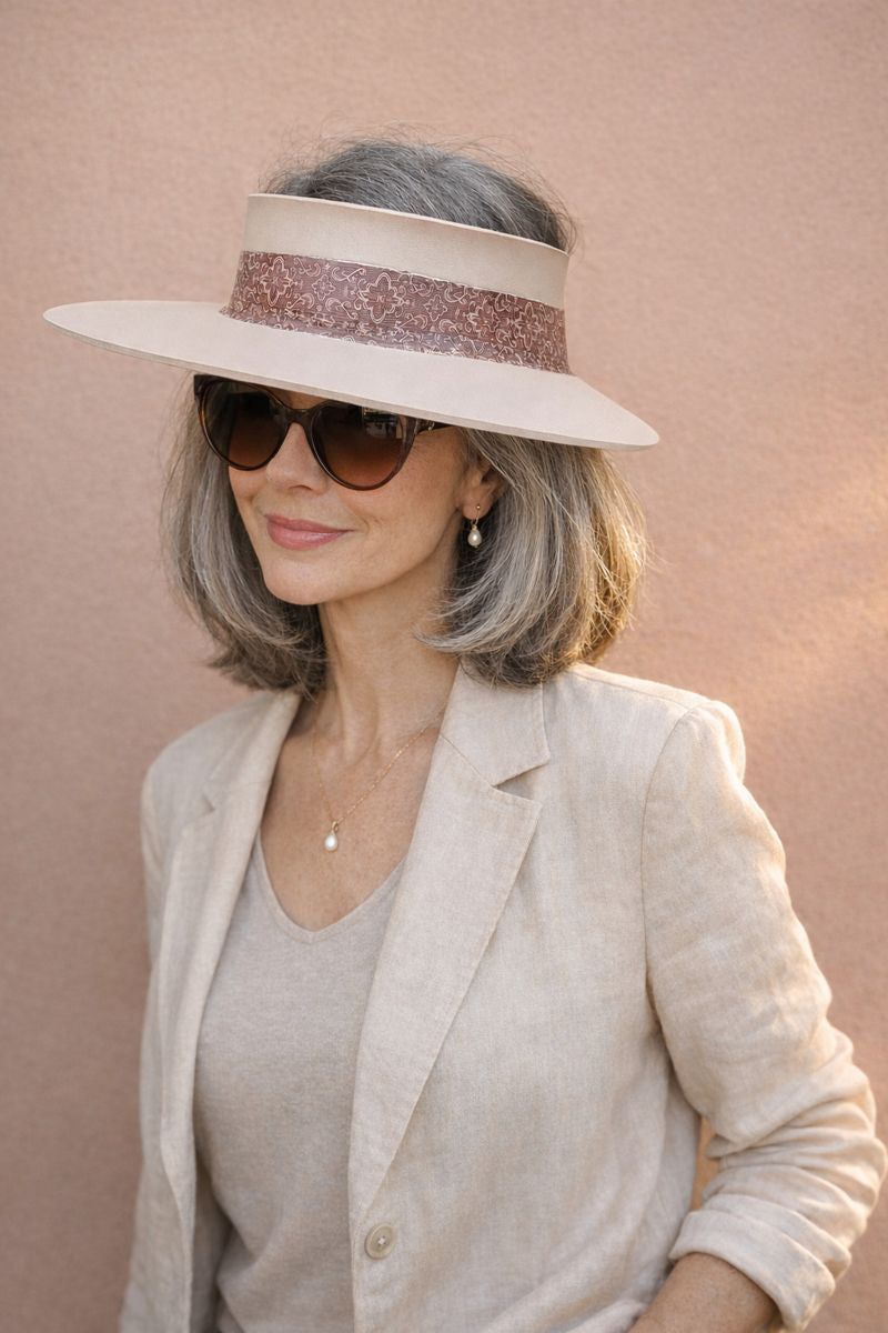 Brown "LadyEVA" Visor Hat with Burgundy Brown Geometric Band