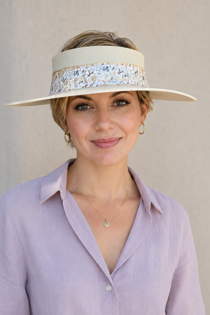 Beige Visor Hat - Gold and White Floral Band