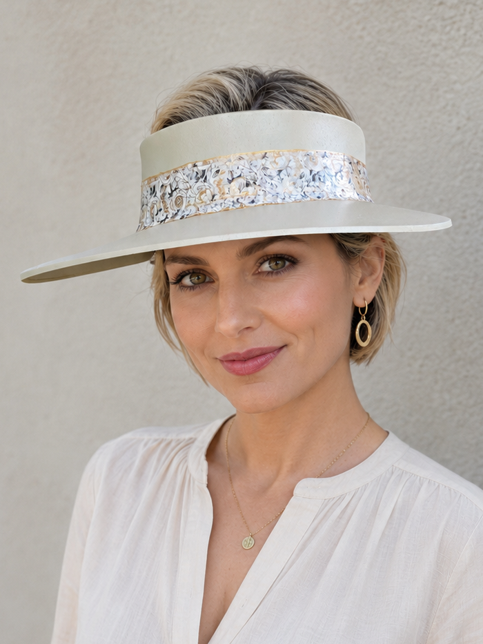 Beige Visor Hat - Gold and White Floral Band