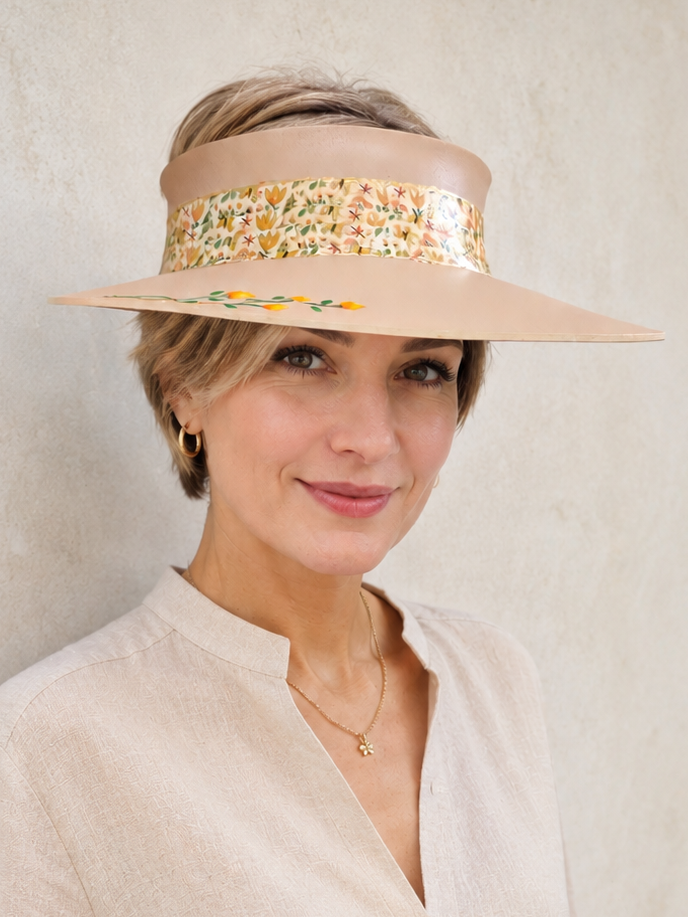 Tan Visor Hat - Autumn Floral Band and Hand painted Orange Floral Motif