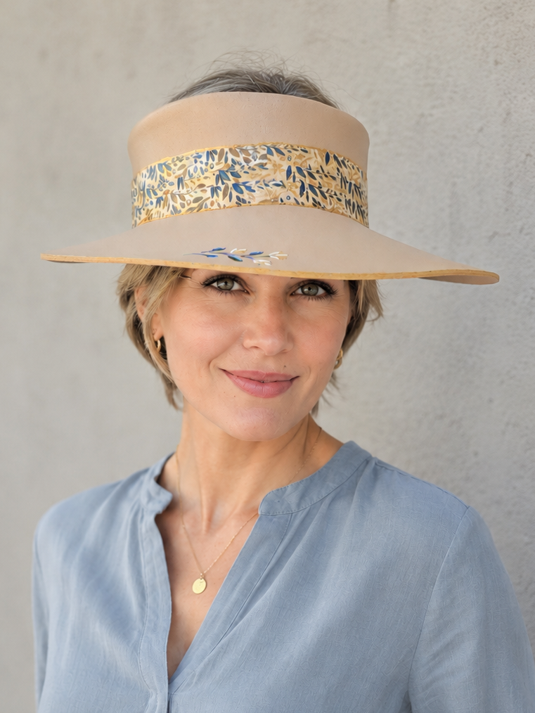 Tall Tan Visor Hat - Blue and Gold Floral Band and Hand painted Floral Motif