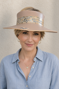 Tall Tan Visor Hat - Blue and Gold Floral Band and Hand painted Floral Motif