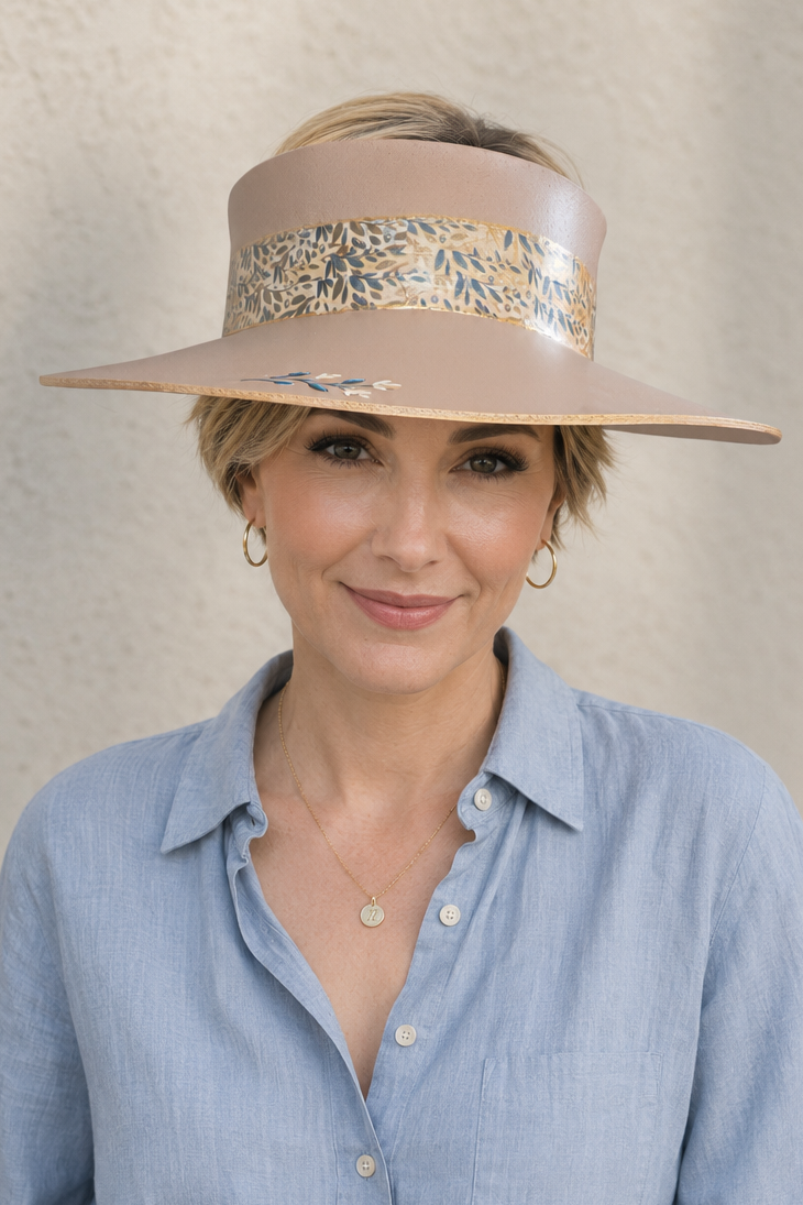 Tall Tan Visor Hat - Blue and Gold Floral Band and Hand painted Floral Motif