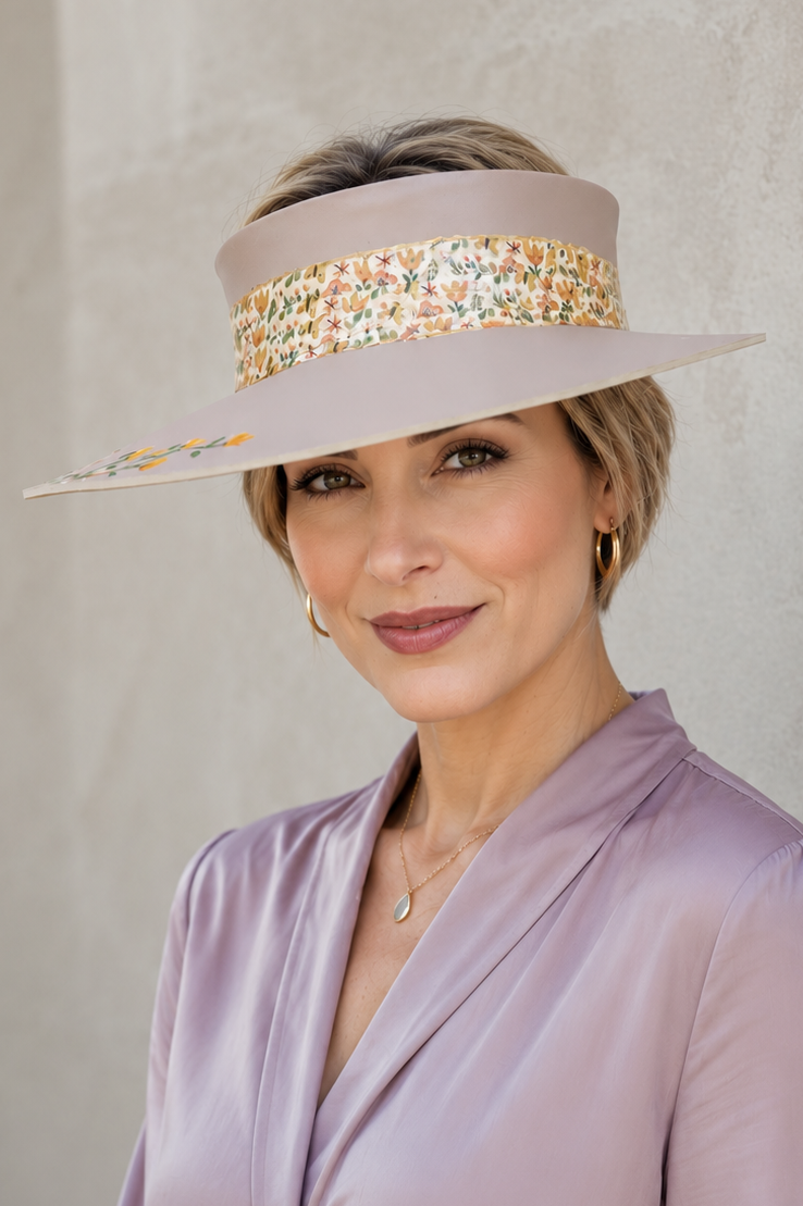 Tan Visor Hat - Autumn Floral Band and Hand painted Orange Floral Motif