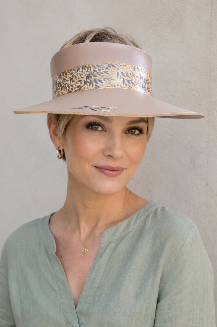 Tall Tan Visor Hat - Blue and Gold Floral Band and Hand painted Floral Motif