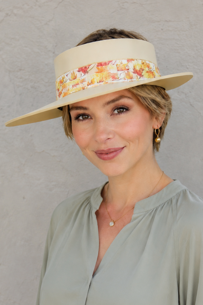 Beige Visor Hat - Orange Leaf Band