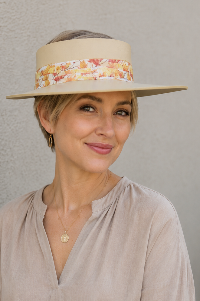 Beige Visor Hat - Orange Leaf Band