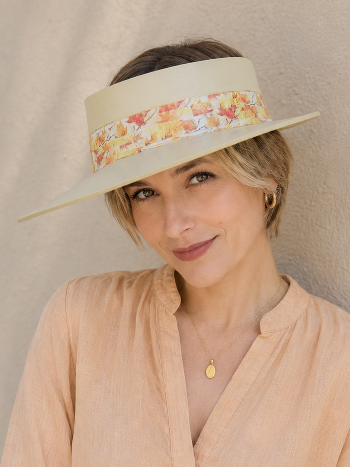 Beige Visor Hat - Orange Leaf Band