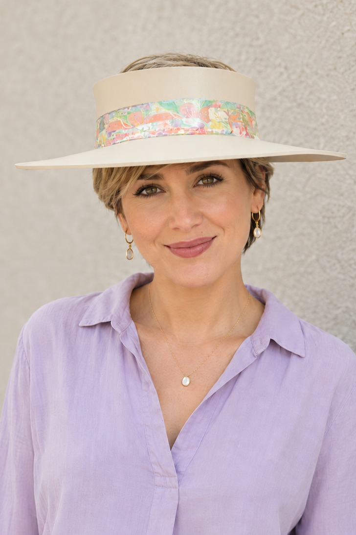Beige Visor Hat - Bright Pastel Multicolor Floral Band