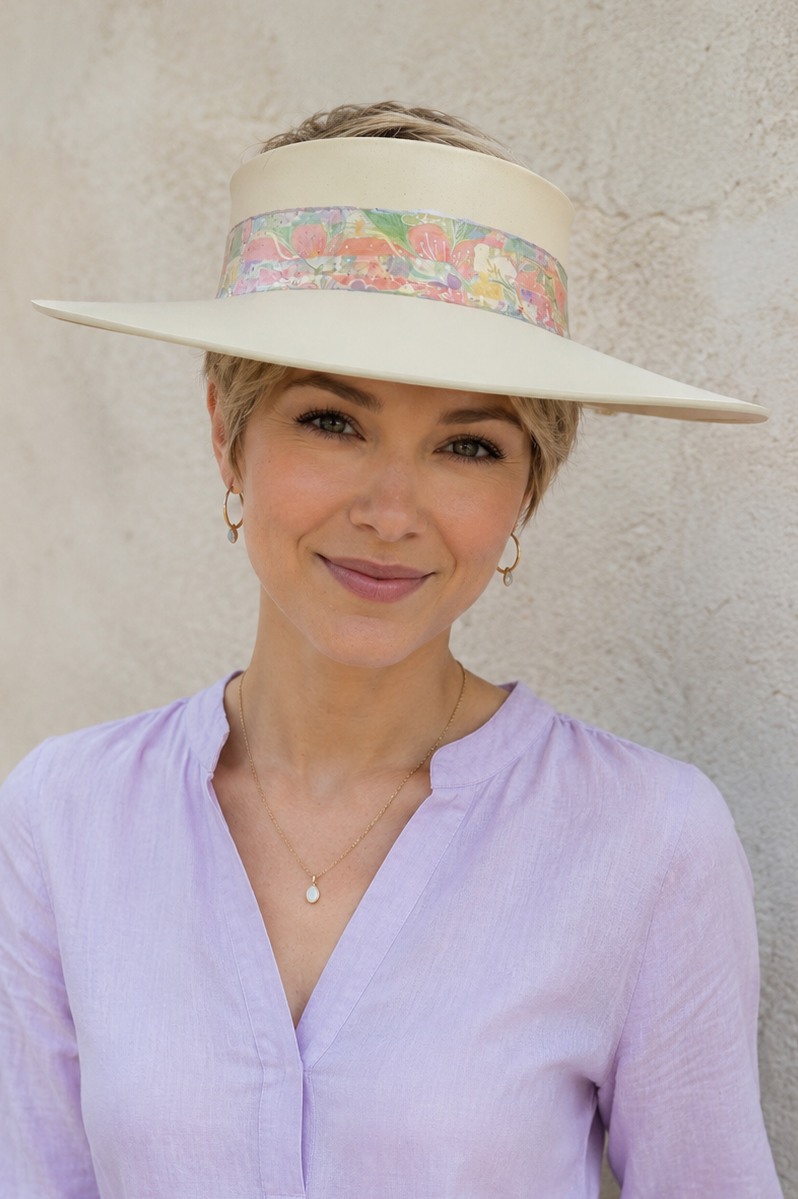 Beige Visor Hat - Bright Pastel Multicolor Floral Band
