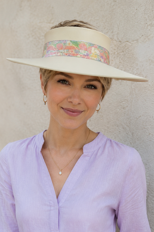 Beige Visor Hat - Bright Pastel Multicolor Floral Band