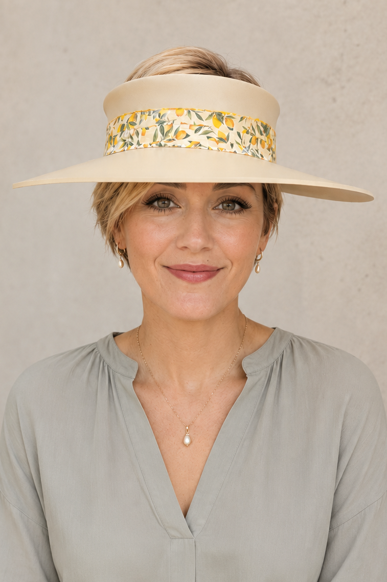 Beige Visor Hat - Citrus Floral Band and White Flowers on Brim