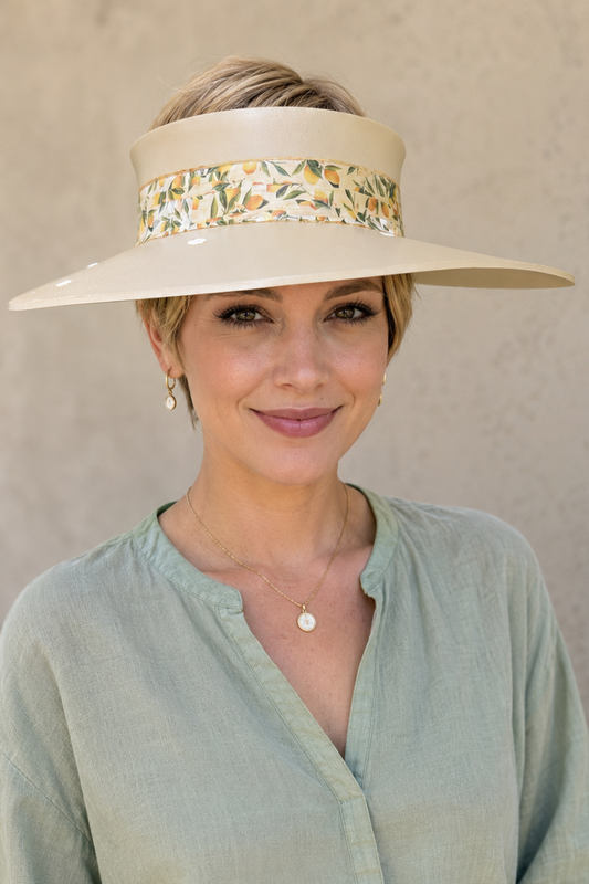 Beige Visor Hat - Citrus Floral Band and White Flowers on Brim