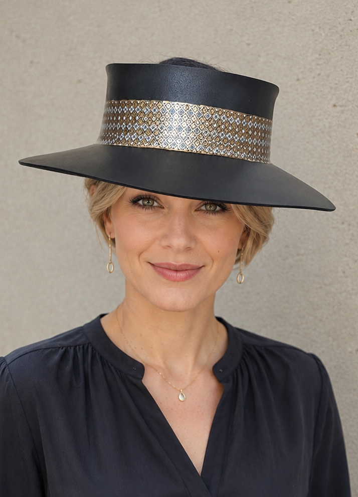 Woman wearing a black hat with a decorative band against a beige background