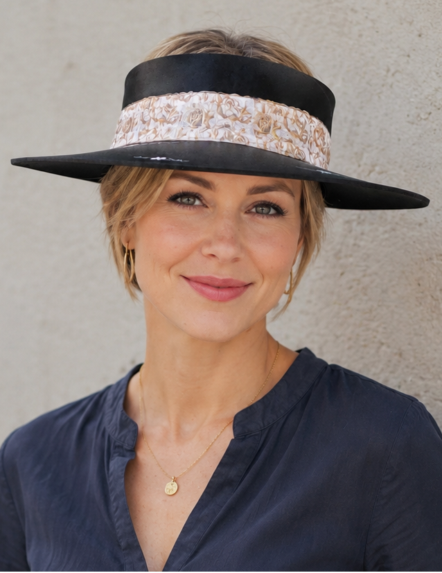 Woman wearing a wide-brimmed hat with a floral band against a plain background