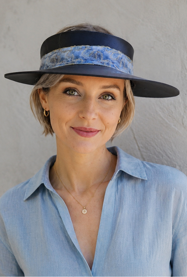 Woman wearing a blue visor hat with floral pattern against a plain background