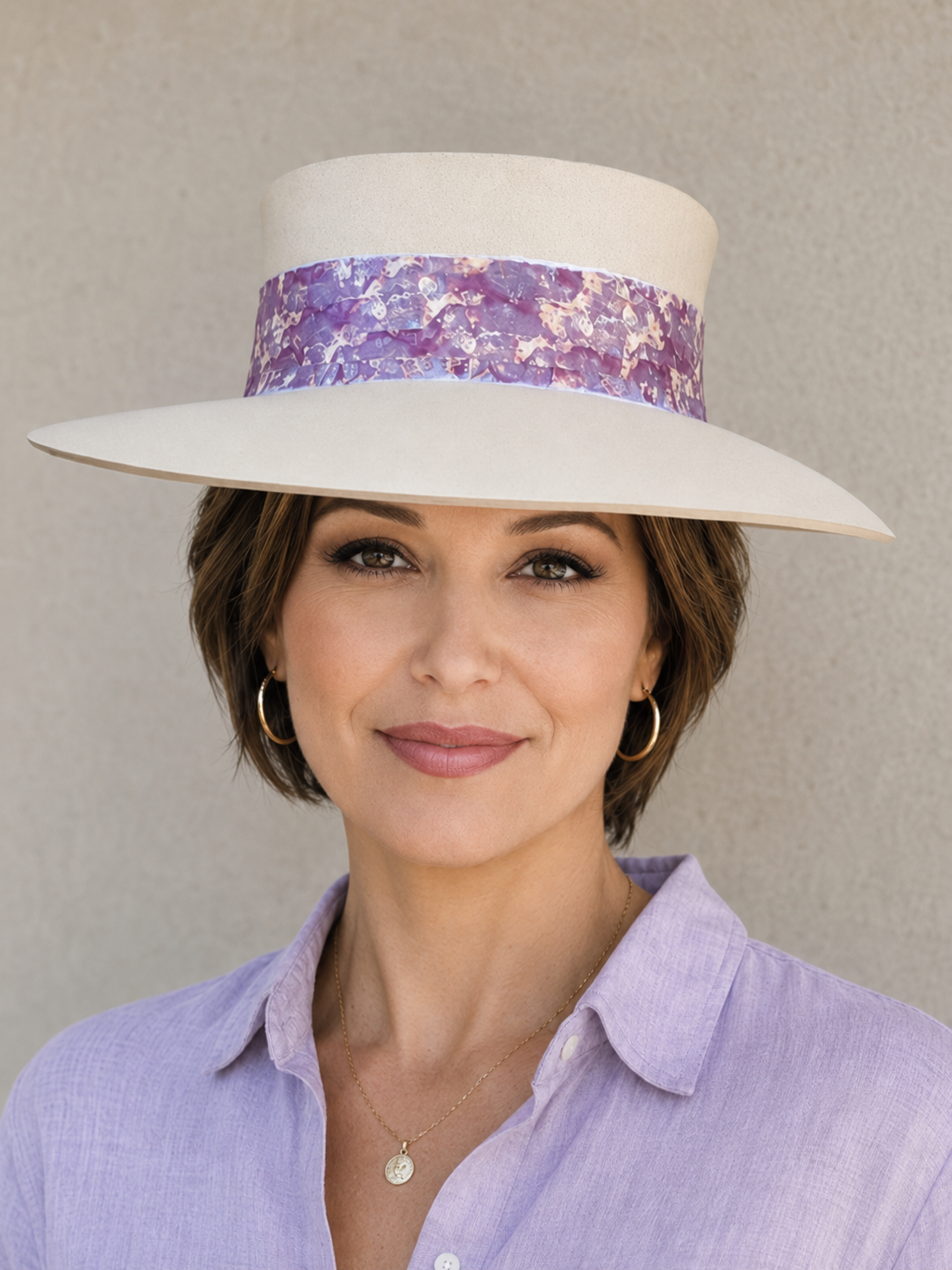 Tall Beige Visor Hat - Magenta, Purple, Pink Band