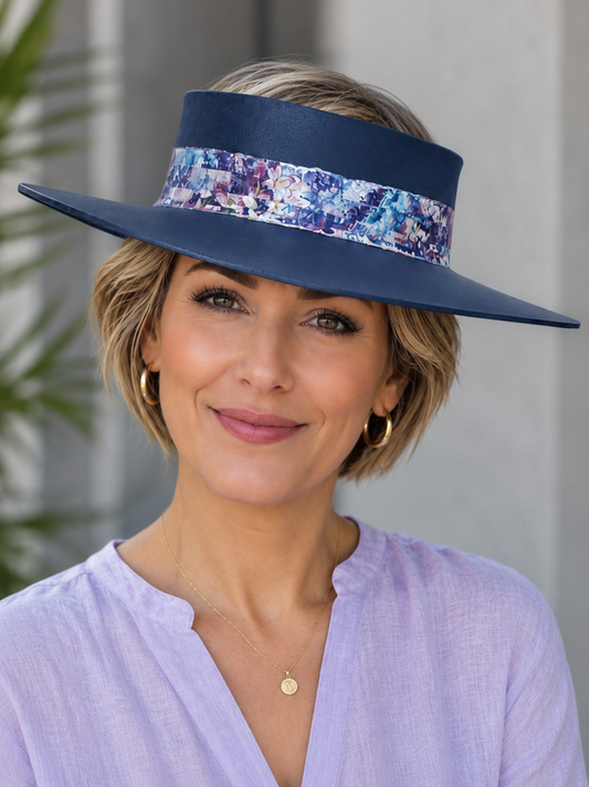 Navy Blue Visor Hat - Blue and Purple Floral Band