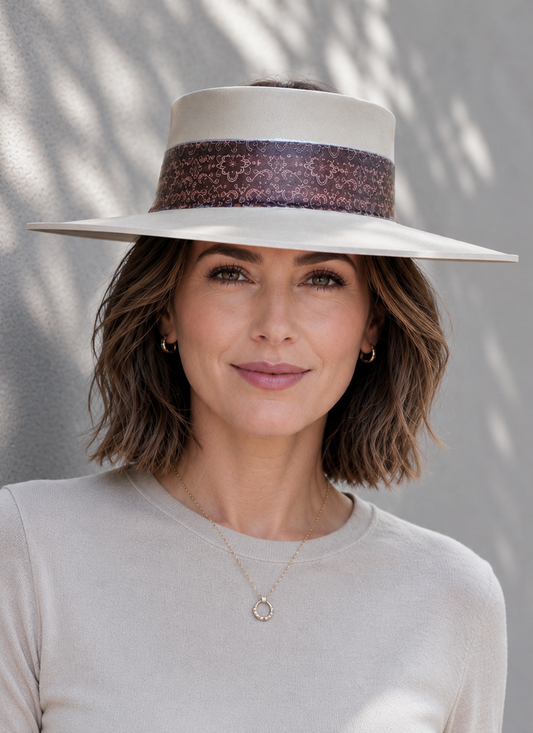 Tall Beige Visor Hat - Geometric Burgundy Band