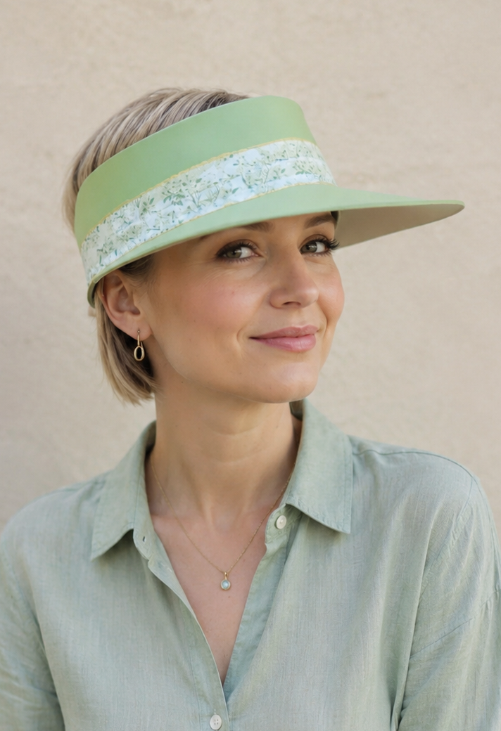 Woman wearing a light green visor and matching shirt against a beige background