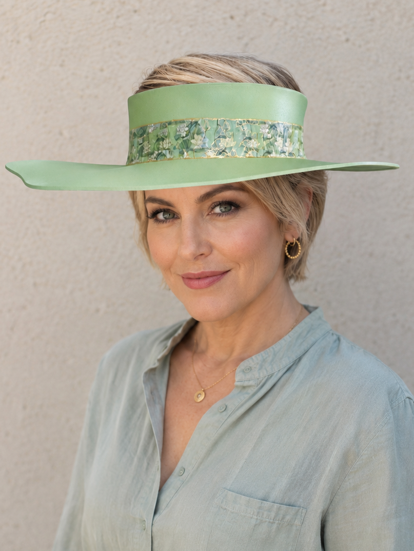 Woman wearing a light green hat with decorative band against a plain background